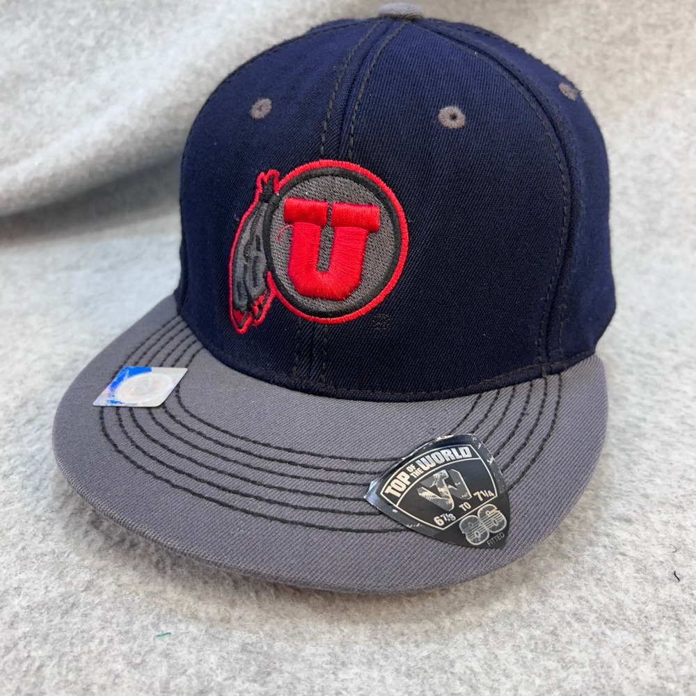 Utah Utes Logo Mens Navy Top of the World Hat Flat Brim Fitted Cap OSFA